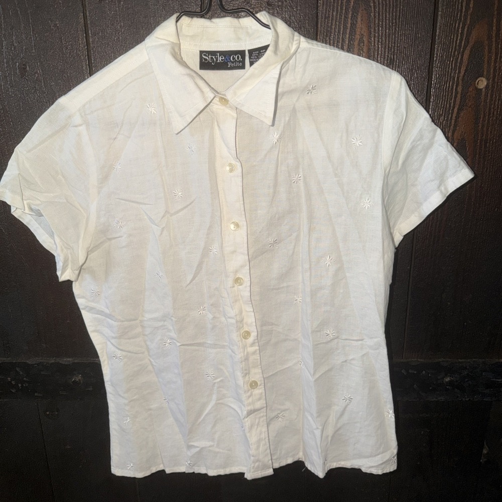 Style & Co Petite Women's Size 6P Linen Cotton Short Sleeve Button Collared